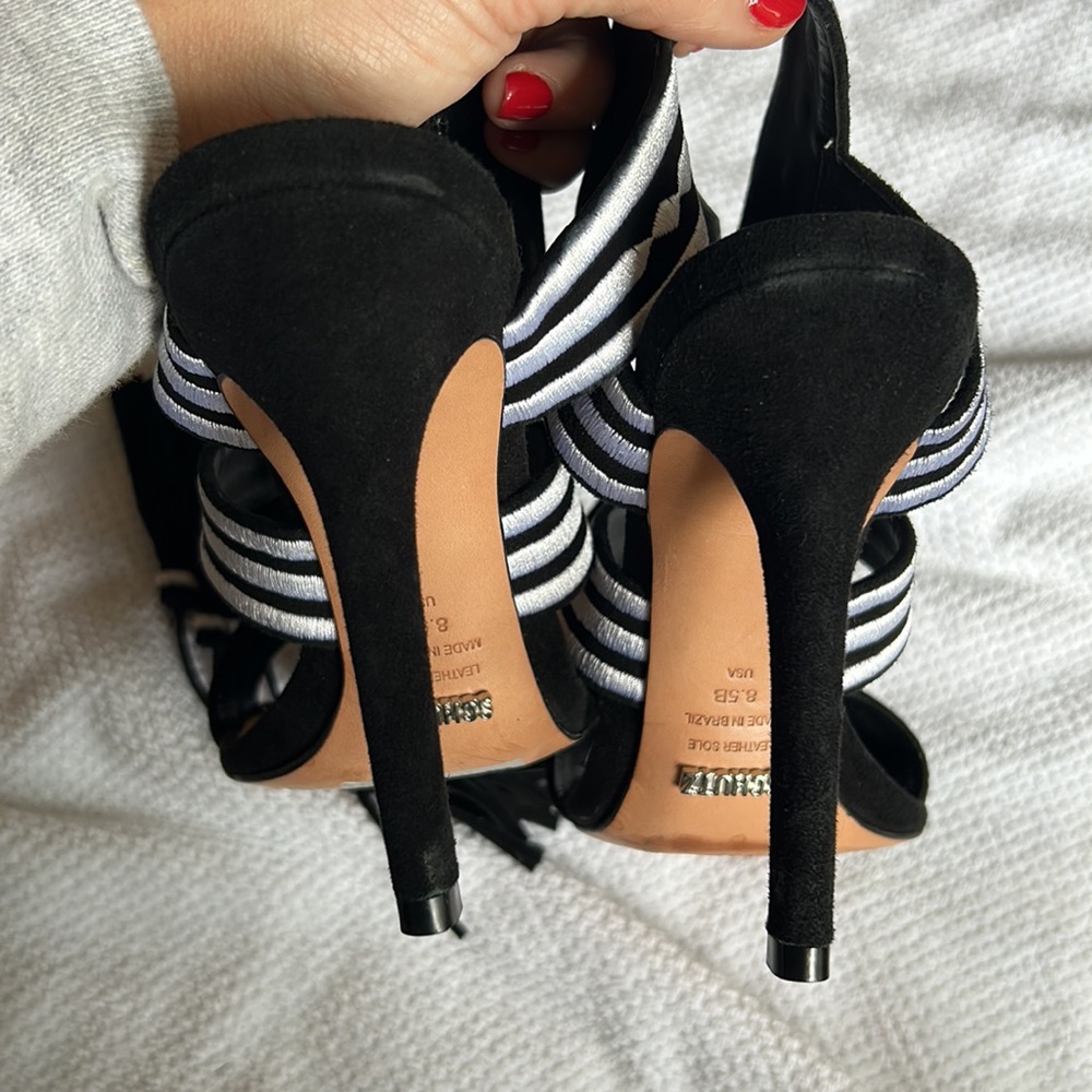 Black Suede Lace up Schutz Heels w/ Pink, White, & Fringe Detail (Size 8.5) - Picture 11 of 12